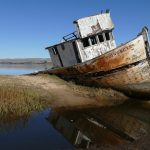 brown-and-white boat on land