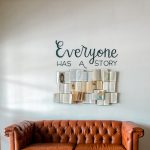 a brown leather couch sitting in front of a white wall