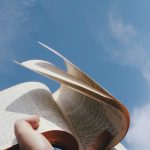 a person holding a book up in the air