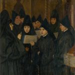 woman wearing black headdress holding book painting